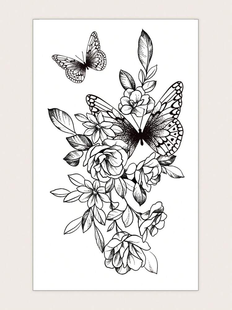 蝶＆花柄タトゥーシール  1枚 - ブラック - 見る 2