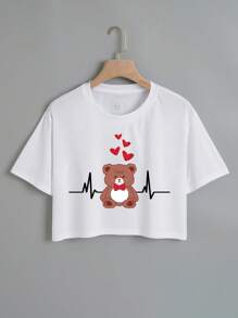 SHEIN EZwear 卡通小熊&愛心圖案短款T恤