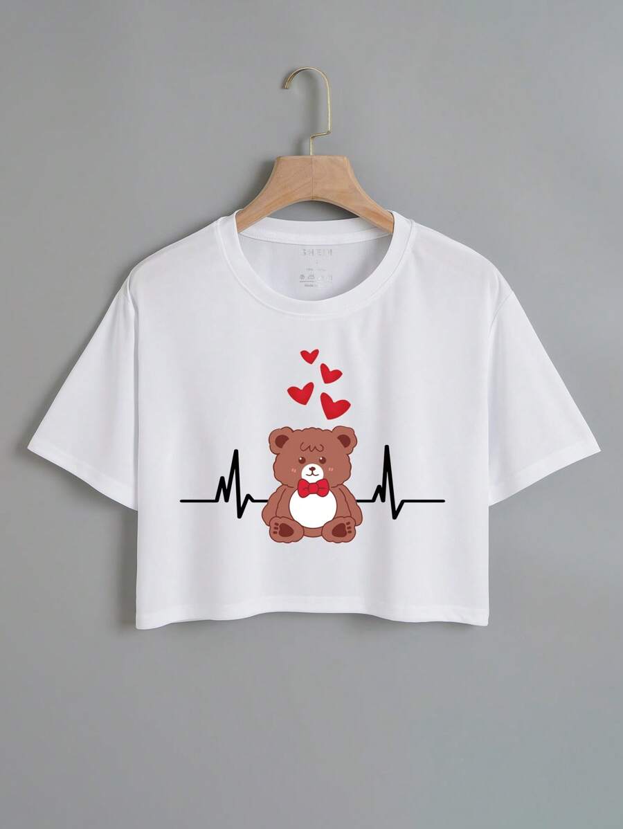 SHEIN EZwear 卡通小熊&愛心圖案短款T恤