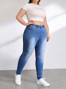 SHEIN Plus Elastic Waist Skinny Jeans - Medium Wash - View 4