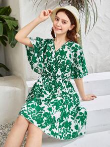 SHEIN 青少年女孩印花蝴蝶袖連衣裙 - 彩色 - 查看 3