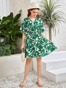 SHEIN 青少年女孩印花蝴蝶袖連衣裙 - 彩色 - 查看 4