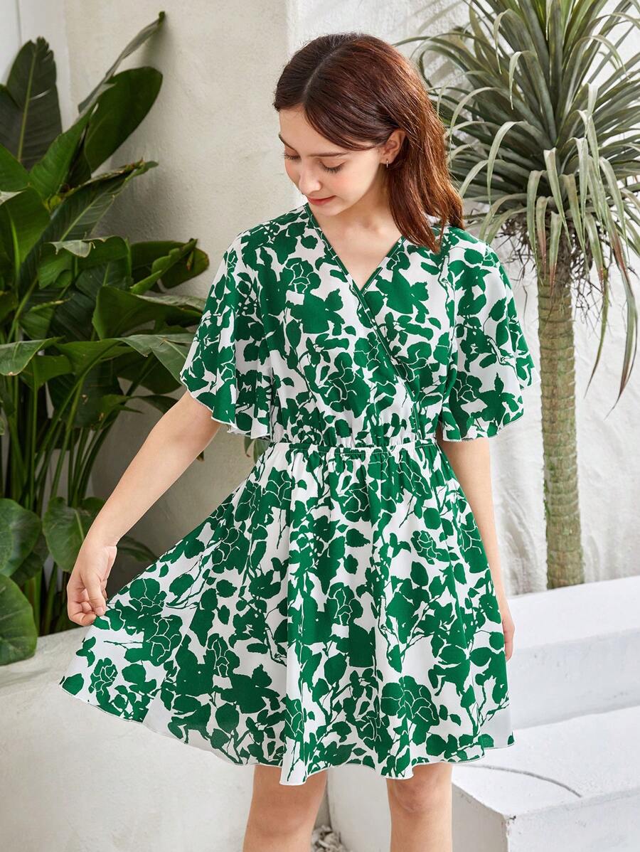 SHEIN 青少年女孩印花蝴蝶袖連衣裙 - 彩色 - 查看 1