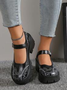 龐克黑色鞋適用於女士錬條圖案防水台瑪麗珍鞋 - 黑色 - 查看 1