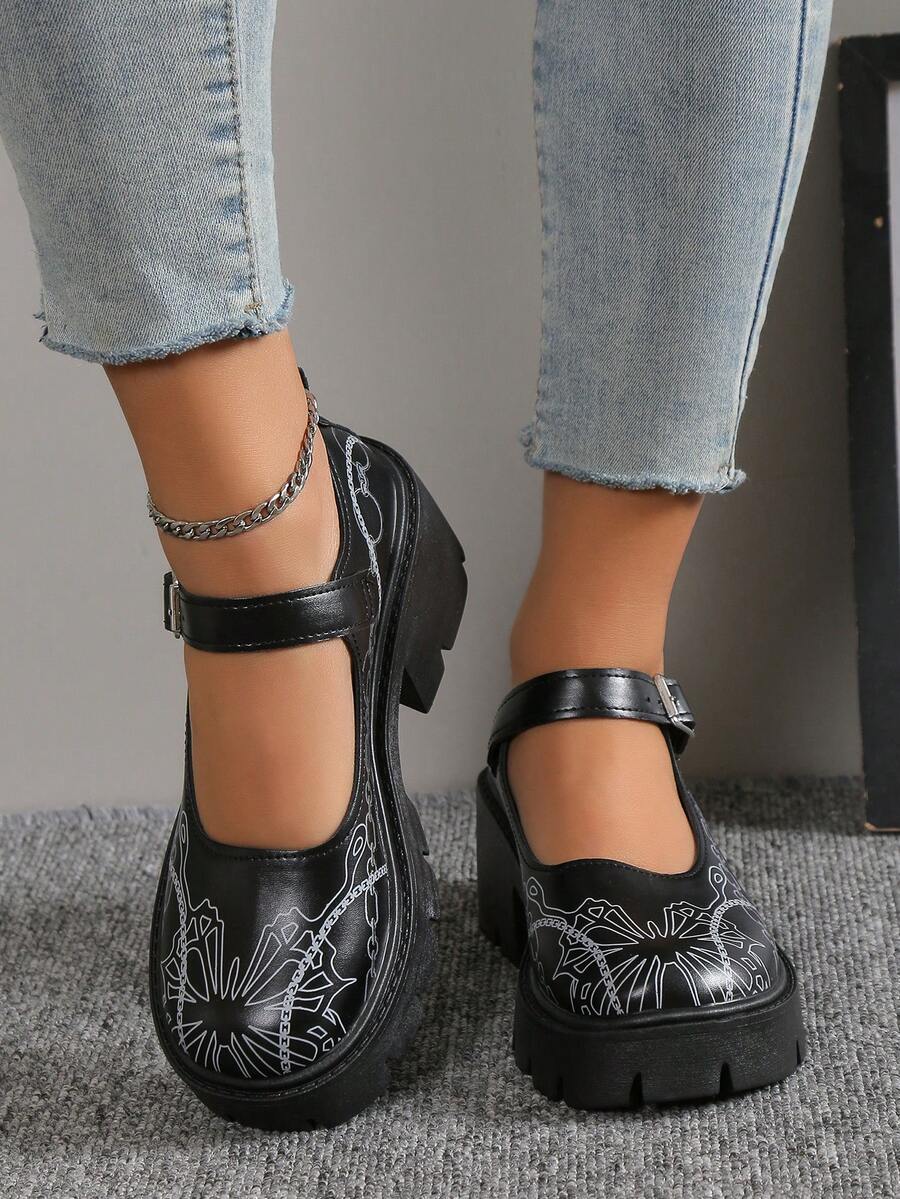 龐克黑色鞋適用於女士錬條圖案防水台瑪麗珍鞋 - 黑色 - 查看 1