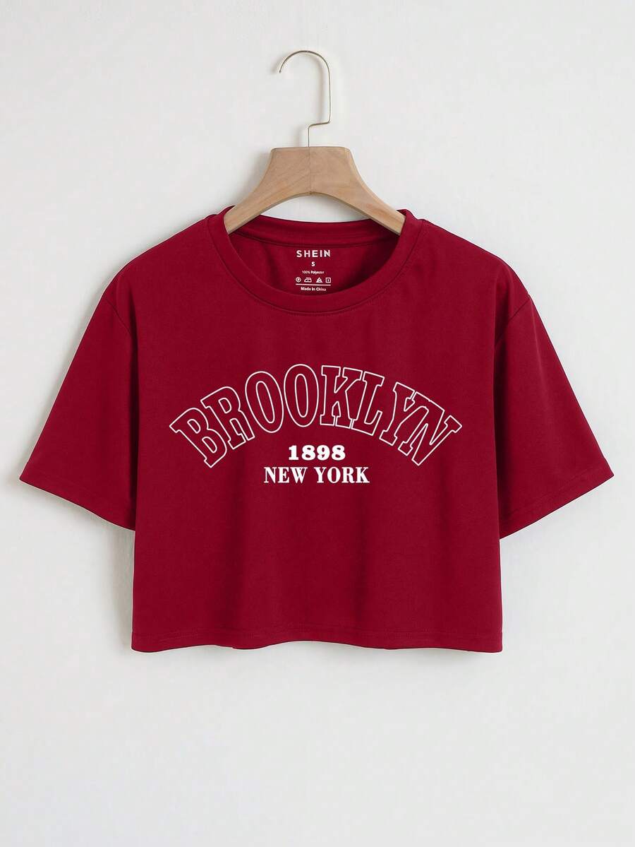 SHEIN EZwear 字母圖案短款T恤 - 紅色 - 查看 1