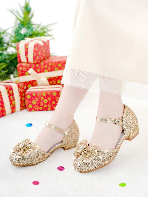 Girls Bow Decor Ankle Strap Heeled Sandals For Party