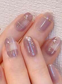 24pcs Chic Short Oval Shape Nails Coffee Color Gradient Glitter Nail Press On Nails Acrylic Nails Fake Nails Artnail Tips Manicure Set Includes 1sheet Adhesive Tabs & 1pc Mini File Perfect For Everyday Wear - Multicolor - View 1