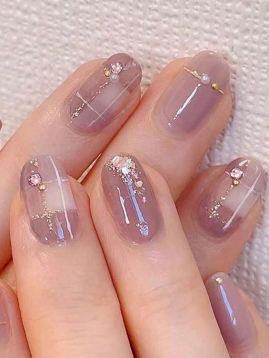 24pcs Chic Short Oval Shape Nails Coffee Color Gradient Glitter Nail Press On Nails Acrylic Nails Fake Nails Artnail Tips Manicure Set Includes 1sheet Adhesive Tabs & 1pc Mini File Perfect For Everyday Wear - Multicolor - View 1