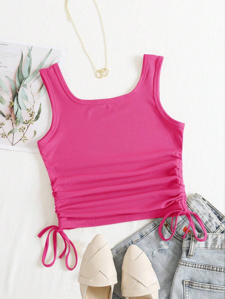 SHEIN EZwear Drawstring Side Crop Tank Top - Hot Pink - View 1