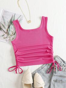 SHEIN EZwear Drawstring Side Crop Tank Top - Hot Pink - View 2