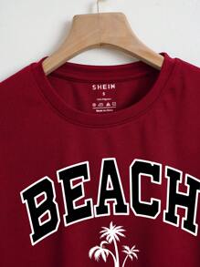 SHEIN EZwear 熱帶和字母圖案短款T恤 - 酒紅色 - 查看 4