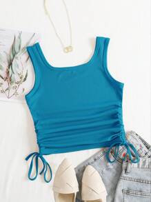 SHEIN EZwear Drawstring Side Crop Tank Top - Blue - View 1