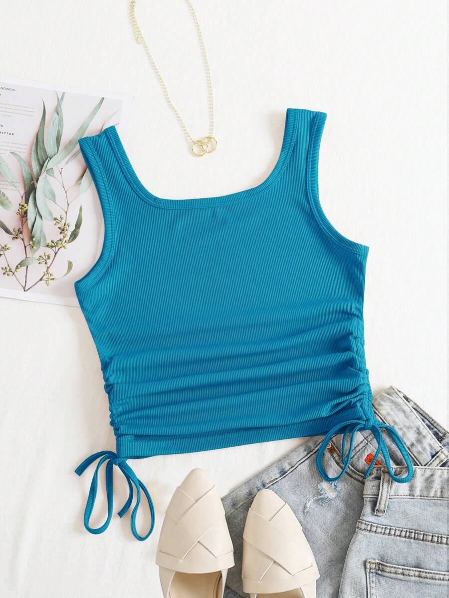 SHEIN EZwear Drawstring Side Crop Tank Top - Blue - View 1
