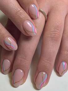 24 chiếc Móng tay giả Colorblock hình bầu dục ngắn & 1 tấm băng dính & 1 dũa móng tay - Nhiều màu - Xem 1