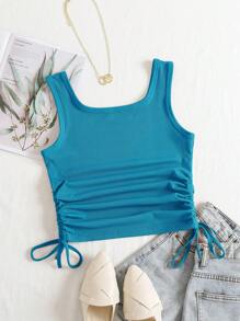 SHEIN EZwear Drawstring Side Crop Tank Top - Blue - View 2