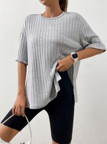 SHEIN EZwear 落肩袖下擺開叉T恤 - 淺灰色 - 查看 3