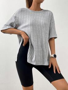 SHEIN EZwear 落肩袖下擺開叉T恤 - 淺灰色 - 查看 5