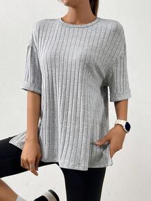 SHEIN EZwear 落肩袖下擺開叉T恤 - 淺灰色 - 查看 4