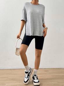 SHEIN EZwear 落肩袖下擺開叉T恤 - 淺灰色 - 查看 6