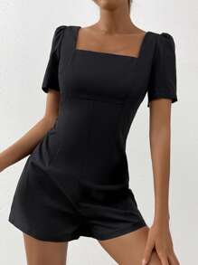 SHEIN EZwear Square Neck Puff Sleeve Romper - Black - View 3