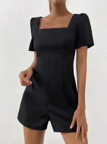SHEIN EZwear Square Neck Puff Sleeve Romper - Black - View 4