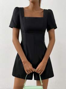 SHEIN EZwear Square Neck Puff Sleeve Romper - Black - View 5
