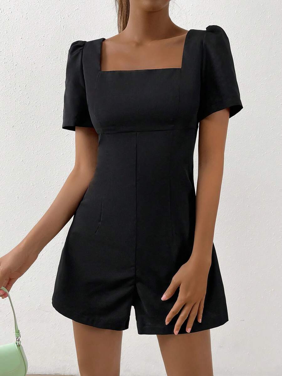 SHEIN EZwear Square Neck Puff Sleeve Romper - Black - View 1
