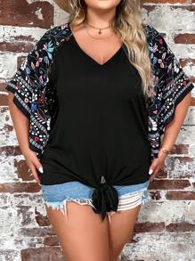 SHEIN LUNE Áo thun Plus size Thắt nút Hoa Giải trí - màu đen - Xem 2