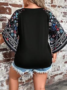 SHEIN LUNE Áo thun Plus size Thắt nút Hoa Giải trí - màu đen - Xem 3