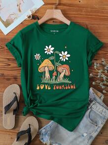 SHEIN LUNE Mushroom And Slogan Graphic Tee - Dark Green - View 1