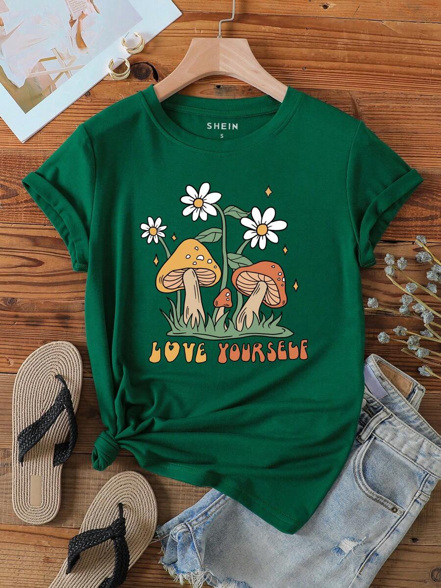 SHEIN LUNE Mushroom And Slogan Graphic Tee - Dark Green - View 1