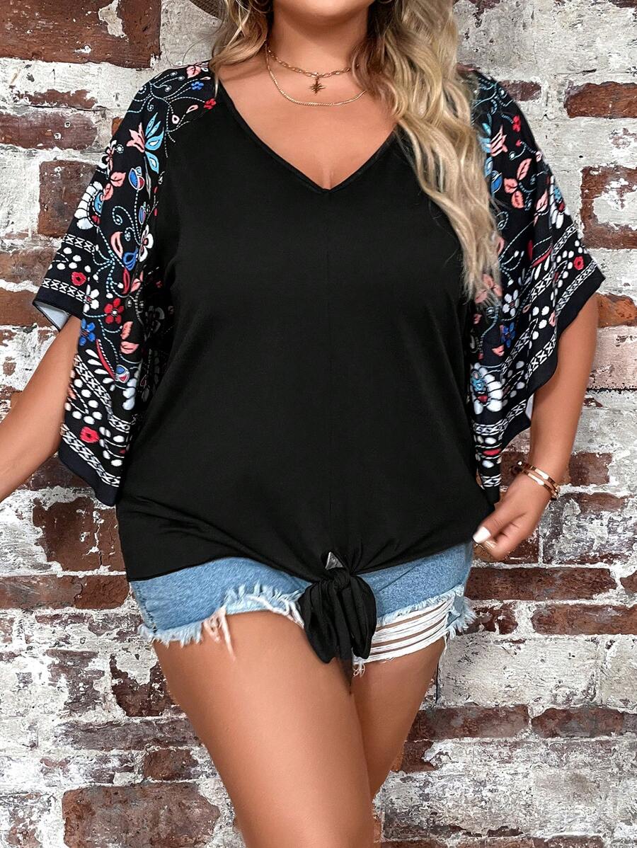 SHEIN LUNE Áo thun Plus size Thắt nút Hoa Giải trí - màu đen - Xem 1