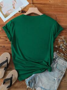 SHEIN LUNE Mushroom And Slogan Graphic Tee - Dark Green - View 2