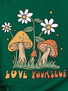 SHEIN LUNE Mushroom And Slogan Graphic Tee - Dark Green - View 3