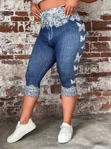 SHEIN LUNE 花卉和牛仔效果印花宽腰紧身裤，夏季 - 藍色 - 查看 4