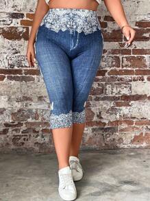 SHEIN LUNE 花卉和牛仔效果印花宽腰紧身裤，夏季 - 藍色 - 查看 6