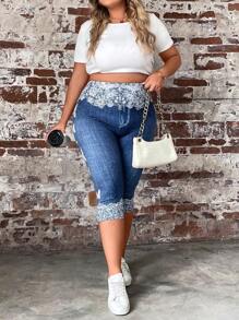 SHEIN LUNE 花卉和牛仔效果印花宽腰紧身裤，夏季 - 藍色 - 查看 7