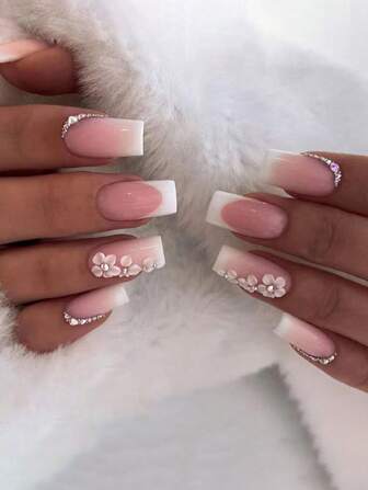 Uppgradera din look med 24 st långa fyrkantiga vita franska blommor dekor falska nagel & 1 ark tejp & 1 st nagelfil Press On Nails Nageltillbehör