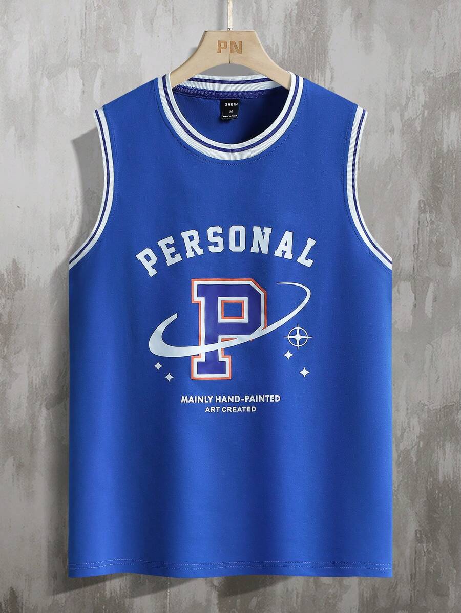Aesthetic Post Hombres Top tank con estampado de letra ribete en contraste - azul real - Ver 1