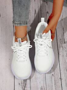 運動跑步鞋適用於女士字母織帶裝飾前綁帶運動鞋 - 白色 - 查看 1