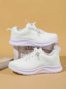 運動跑步鞋適用於女士字母織帶裝飾前綁帶運動鞋 - 白色 - 查看 3