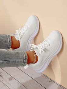 運動跑步鞋適用於女士字母織帶裝飾前綁帶運動鞋 - 白色 - 查看 4
