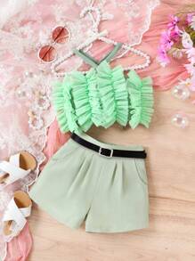Toddler Girls Ruffle Trim Cami Top & Shorts - Mint Green - View 3