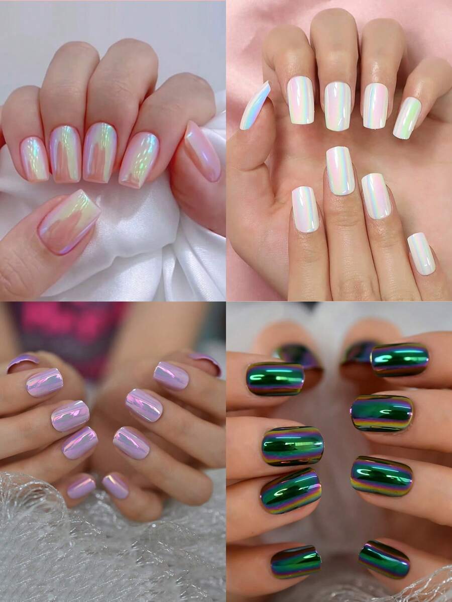 VV MEI JIA ER Transform Your Nails with 24pcs Long Square Light Pink Aurora Magic Mirror Powder Mermaid Plain Fake Nail & 1sheet Tape & 1pc Nail File