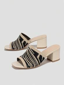 春夏时尚布艺优雅系带粗跟女士凉鞋 - 彩色 - 查看 3