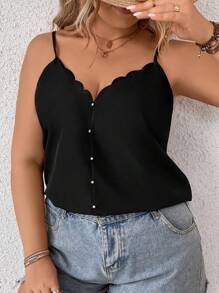 SHEIN Clasi Plus Scallop Trim Cami Top - Black - View 4