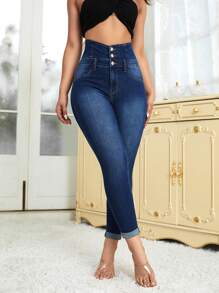 High Waist Roll Up Hem Skinny Jeans - Dark Wash - View 4