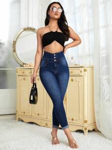 High Waist Roll Up Hem Skinny Jeans - Dark Wash - View 6