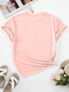 SHEIN Essnce Áo thun nữ Lá thư Loại bướm Giải trí - Màu Hồng baby - Xem 2